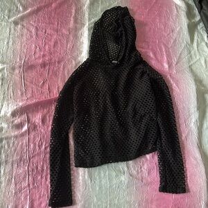 a black mesh jacket with a hood